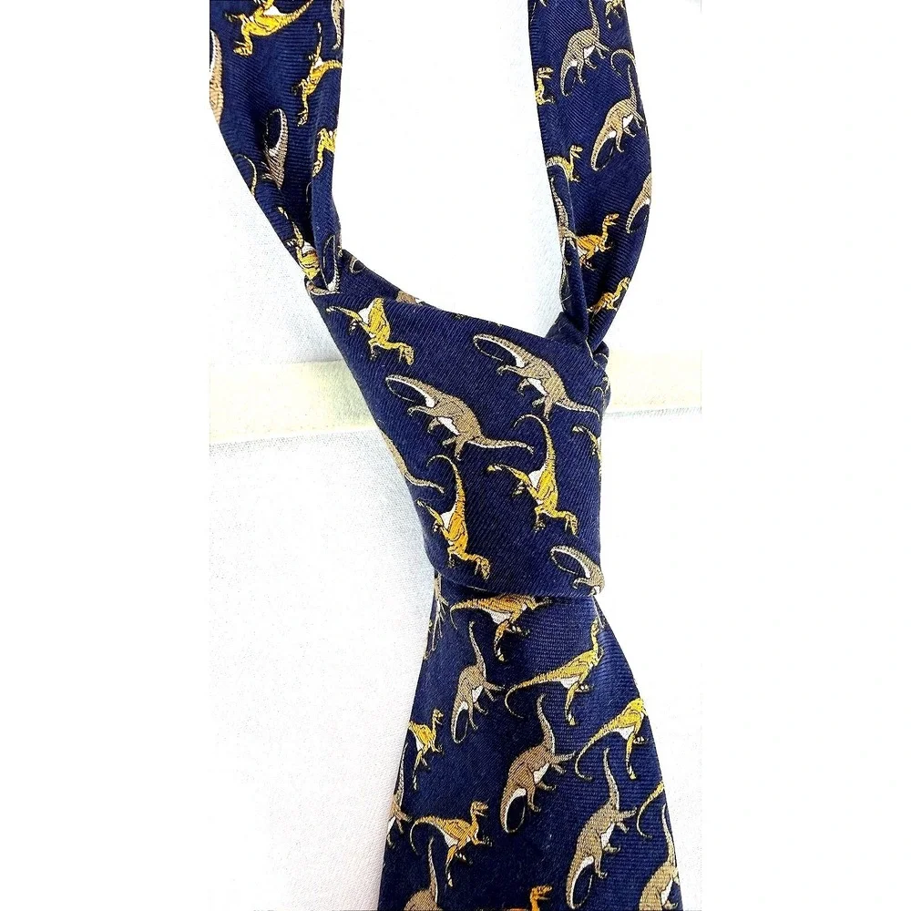 Brooks Brothers Pure Silk Dinosaur Necktie Navy Gold Preppy Novelty Old Money‎